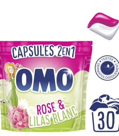 omo lessive capsule rose et lilas blanc 2en1 30 caps