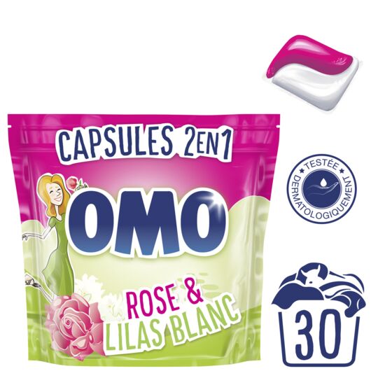 omo lessive capsule rose et lilas blanc 2en1 30 caps