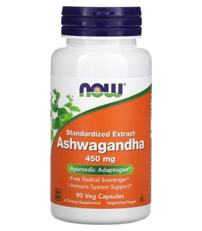 now foods, ashwagandha, extrait standardise, 450 mg, 90 capsules vegetariennes