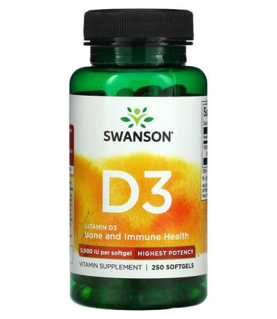 swanson, vitamine d3, os et systeme immunitaire, efficacite maximale, 5000 ui, 250 capsules a enveloppe molle