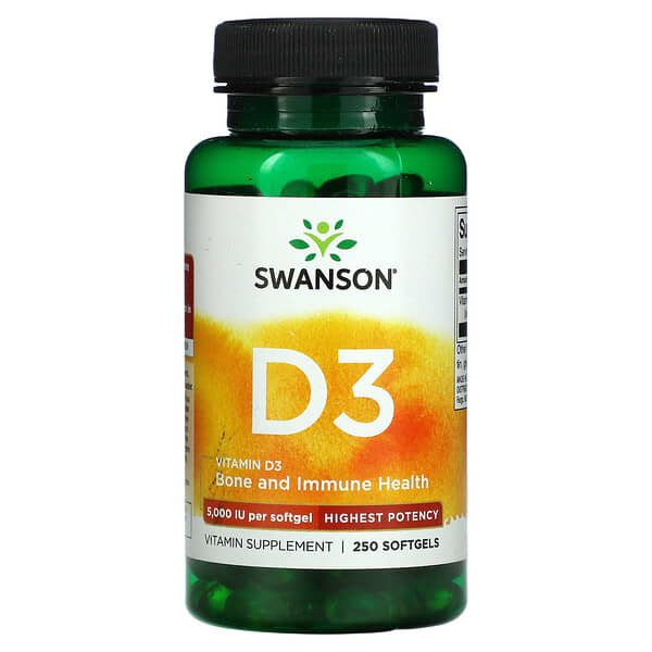 swanson, vitamine d3, os et systeme immunitaire, efficacite maximale, 5000 ui, 250 capsules a enveloppe molle