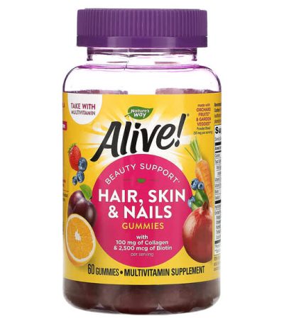 nature's way, vivant! cheveux, peau et ongles avec collagene et biotine, cheveux, peau et ongles, collagene et biotine, fraise, 60 gommes