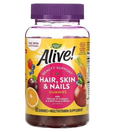 nature's way, vivant! cheveux, peau et ongles avec collagene et biotine, cheveux, peau et ongles, collagene et biotine, fraise, 60 gommes