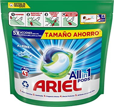 ariel all in one pods, capsules de detergent liquide alpine+ 43 lavages