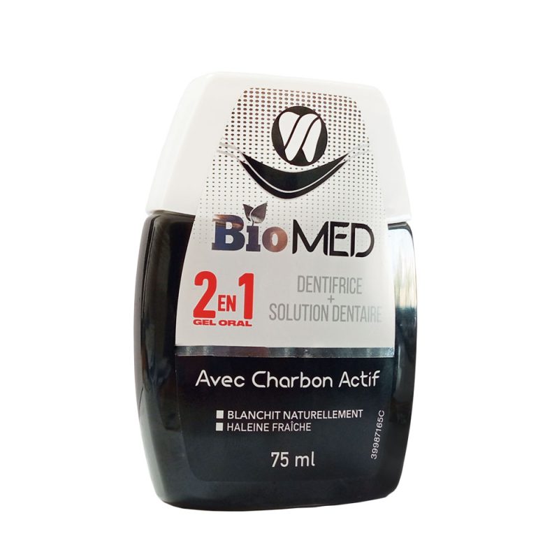 biomed 2 en 1 dentifrice et solution dentaire avec charbon actif 75ml