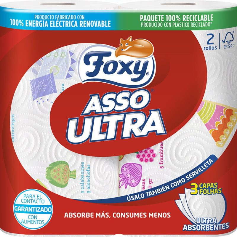 foxy papier essuie-tout ultra-absorbant asso ultra 3 epaisseurs paquet de 2 rouleaux