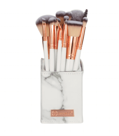 bh cosmetics signature marble and rose gold makeup brush set with holder - 13 pieces