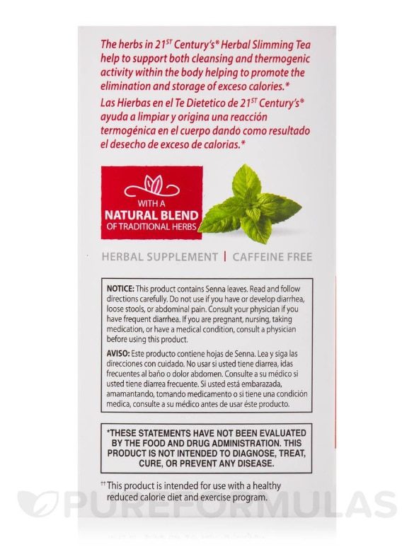 21ST CENTURY. HERBAL SLIMMING TEA. PEPPERMINT. CAFFEINE FREE. 24 TEA BAGS. 1.7