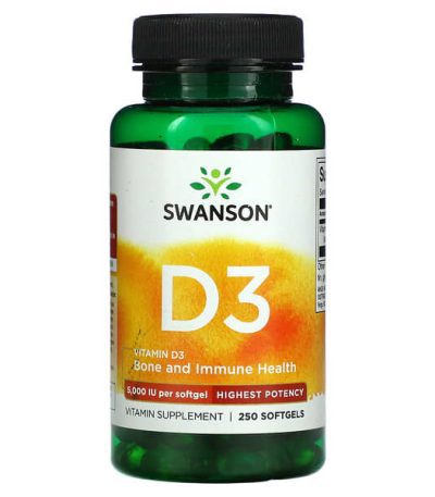 swanson, vitamine d3, os et systeme immunitaire, efficacite maximale, 5000 ui, 250 capsules a enveloppe molle