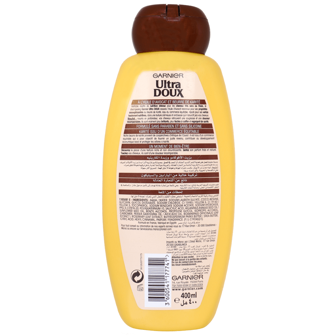 Garnier Ultra Doux Shampooing Avocat Karite 400ml &mdash; Shampoing Nourrissant Cheveux Secs